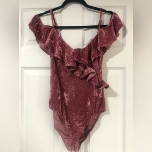 SOLD!!!  Crushed velvet pink ruffled bodysuit